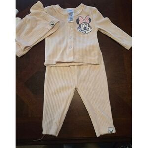Disney Baby Minnie Mouse 3 Piece Ribbed Set Cardigan Pants Beanie Cream 0-3M